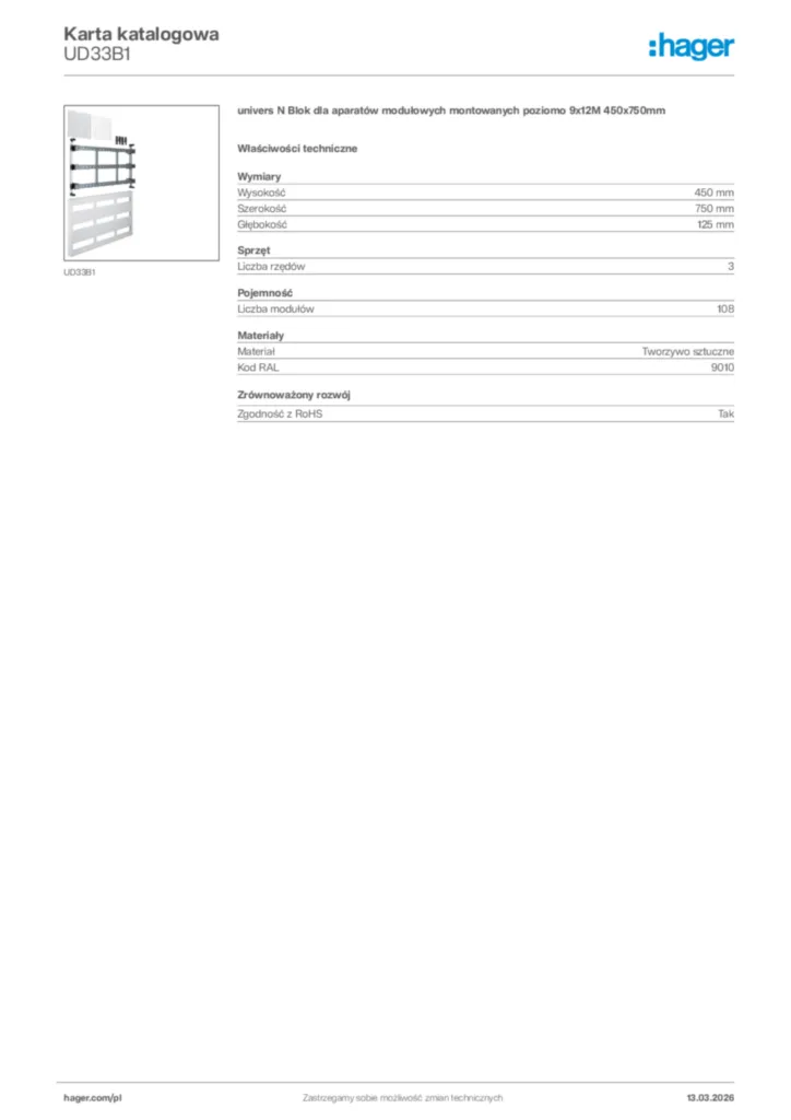 Zdjęcie Hager Karta katalogowa UD33B1 | Hager Polska
