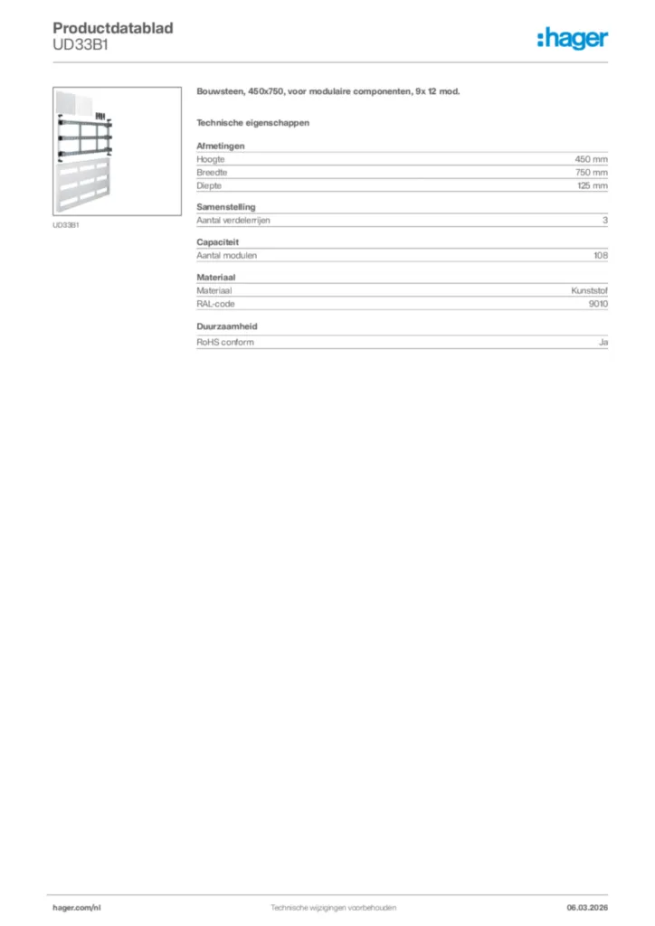 Afbeelding Hager Productdatablad UD33B1 | Hager Nederland