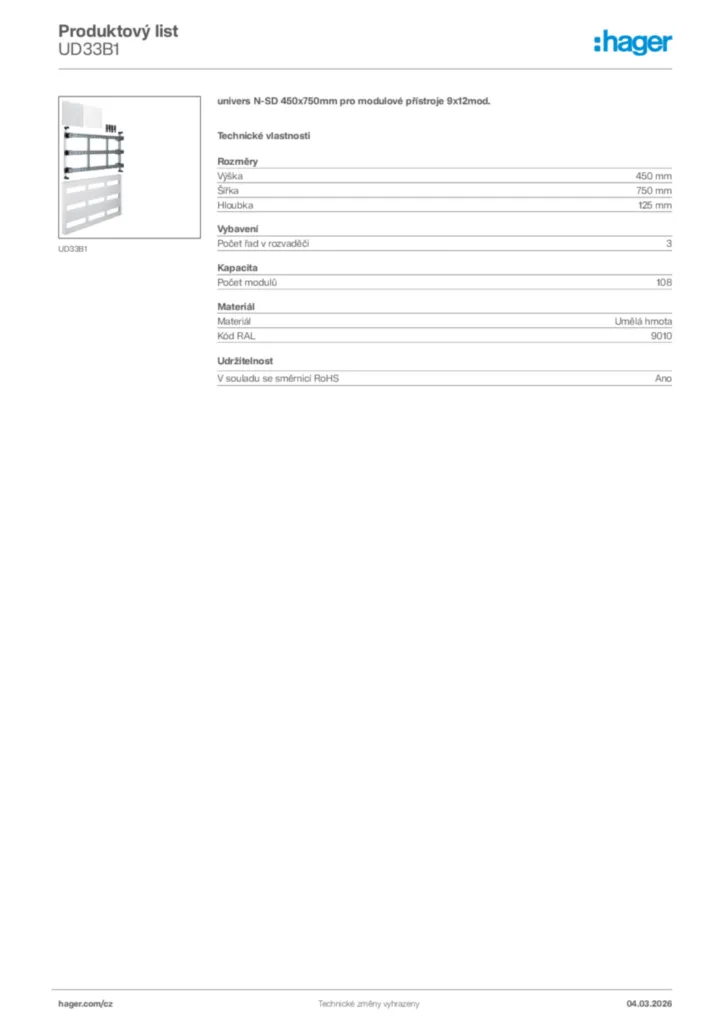Obrázek Hager Product data sheet UD33B1 | Hager