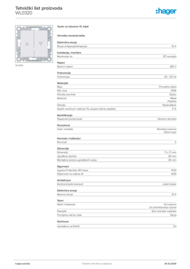 Slika Hager Tehnički list proizvoda WL0320  | Hager