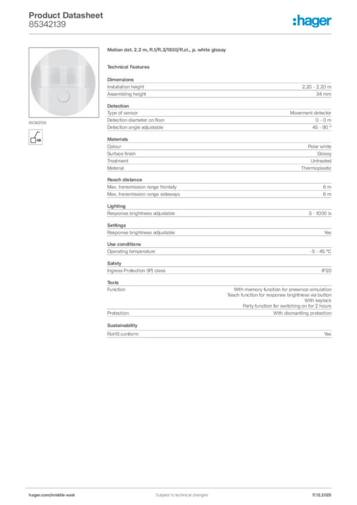 Image Hager Product data sheet 85342139  | Hager