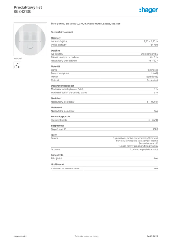 Obrázek Hager Product data sheet 85342139 | Hager