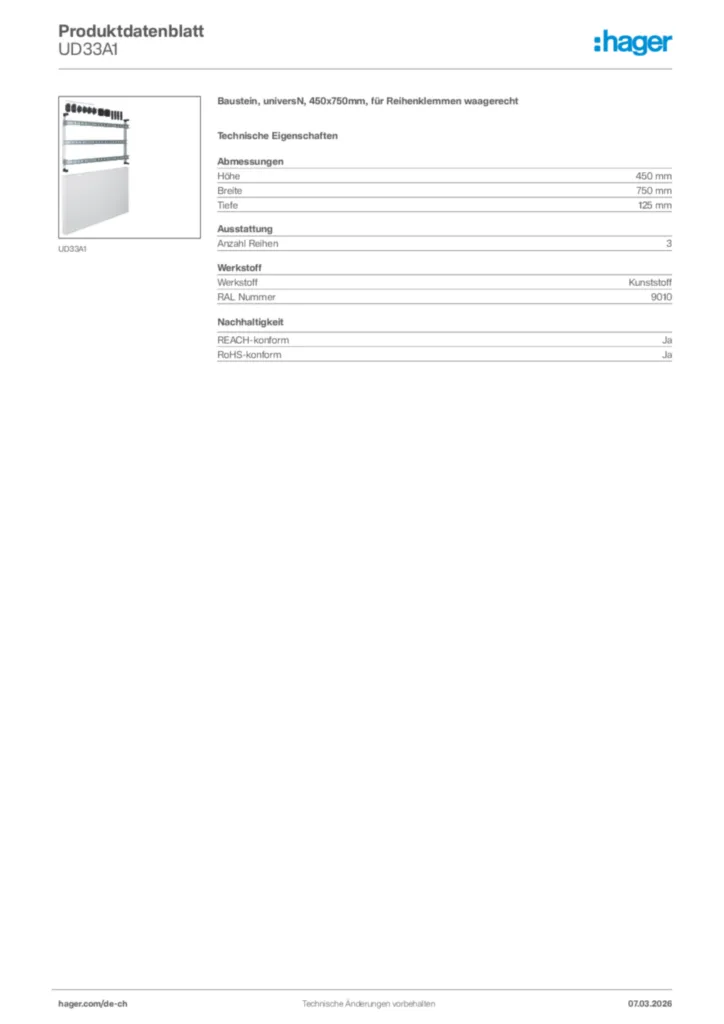 Bild Hager Produktdatenblatt UD33A1 | Hager Schweiz