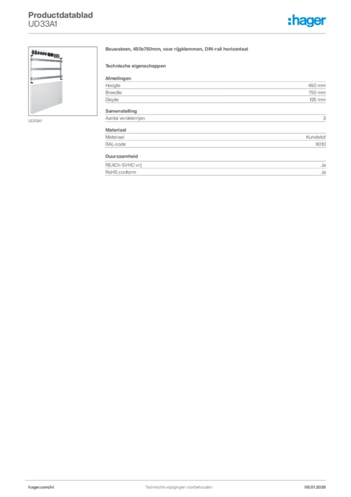 Afbeelding Hager Productdatablad UD33A1 | Hager Nederland