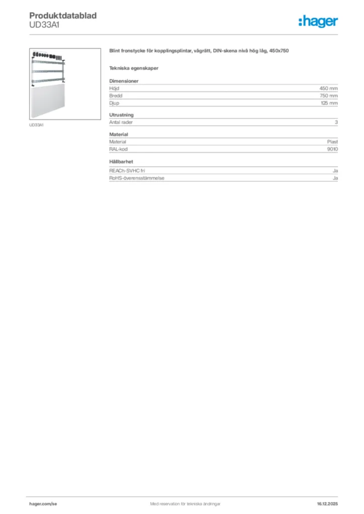 Bild Hager Produktdatablad UD33A1 | Hager Sverige