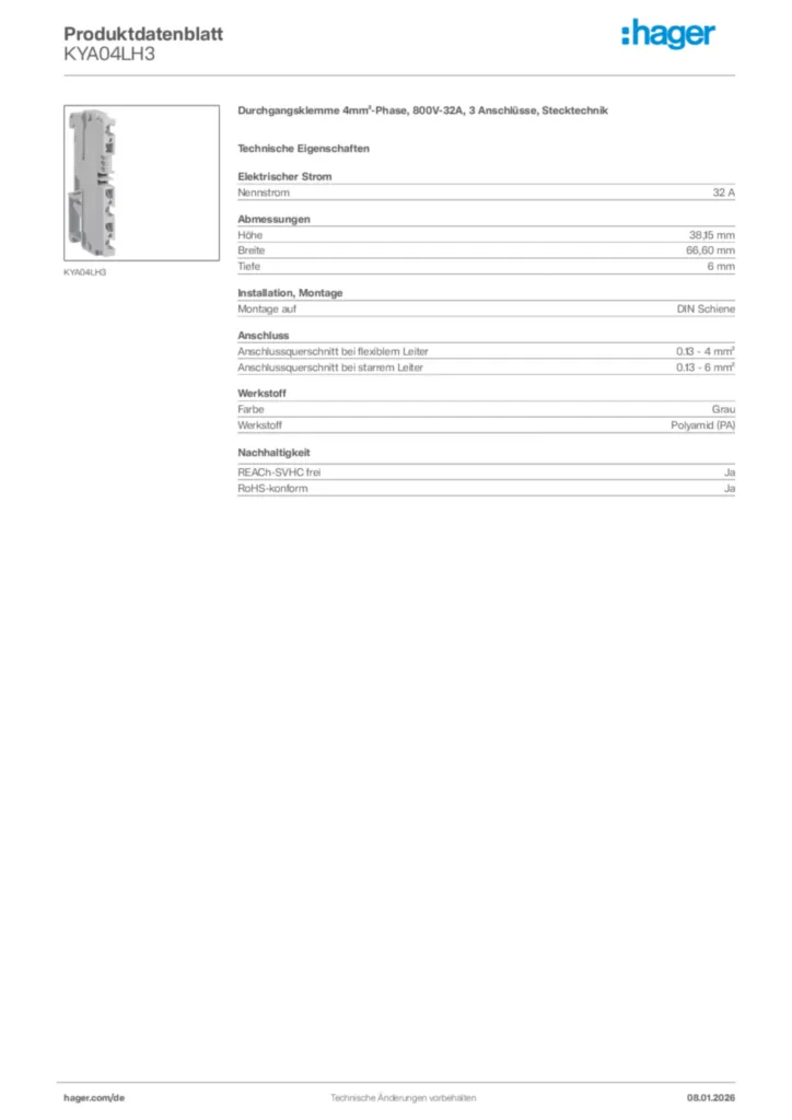 Bild Hager Produktdatenblatt KYA04LH3 | Hager Deutschland