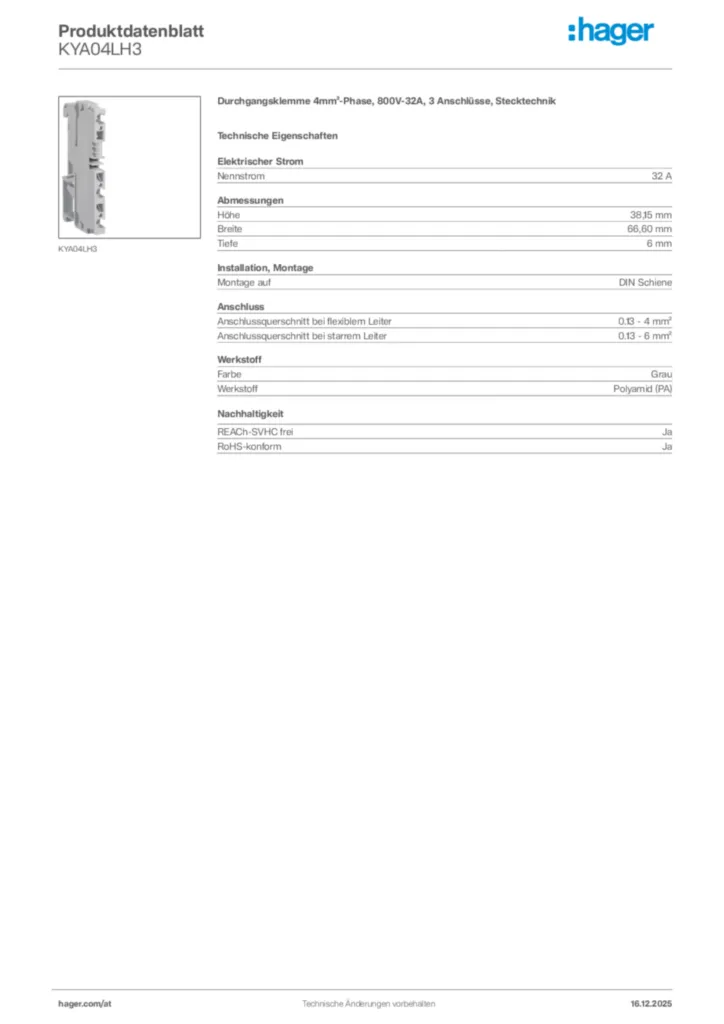 Bild Hager Produktdatenblatt KYA04LH3 | Hager Deutschland