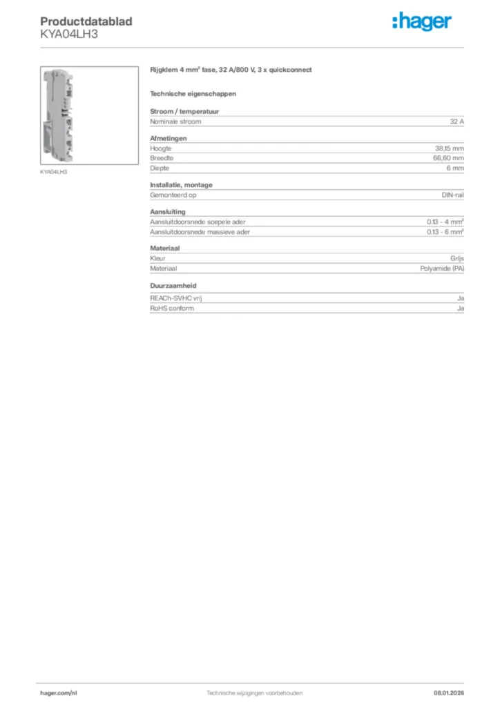 Afbeelding Hager Productdatablad KYA04LH3 | Hager Nederland