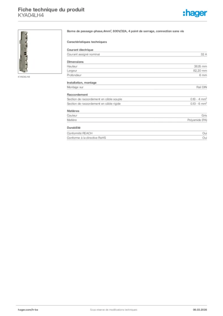Image Hager Fiche technique du produit KYA04LH4 | Hager Belgique
