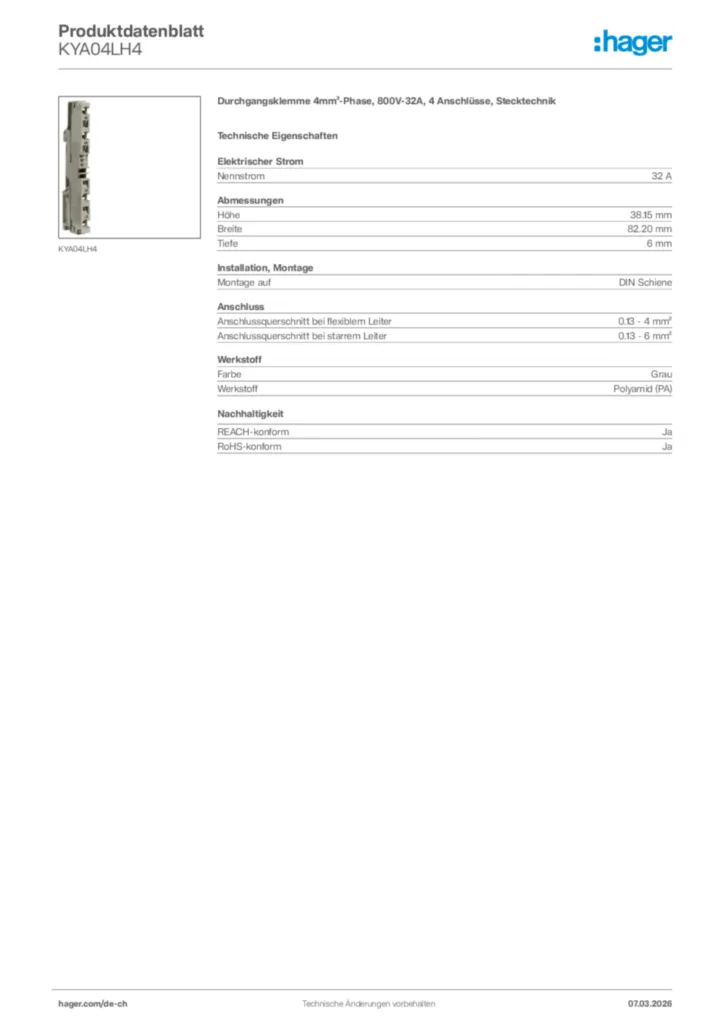 Bild Hager Produktdatenblatt KYA04LH4 | Hager Schweiz