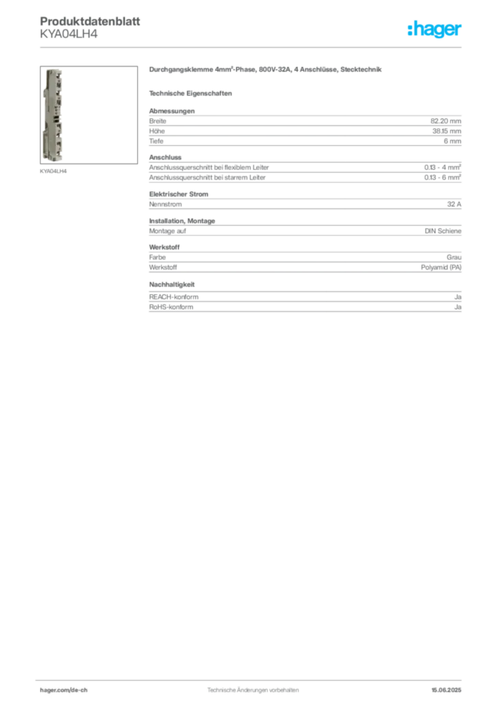 Bild Hager Produktdatenblatt KYA04LH4 | Hager Schweiz