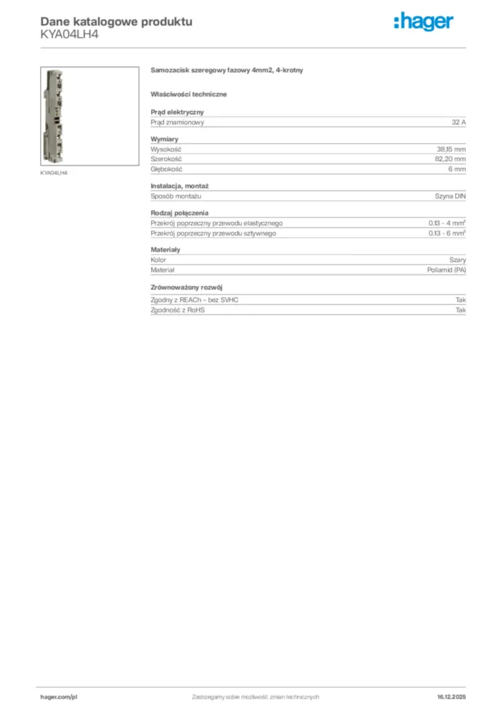 Zdjęcie Hager Karta katalogowa KYA04LH4 | Hager Polska