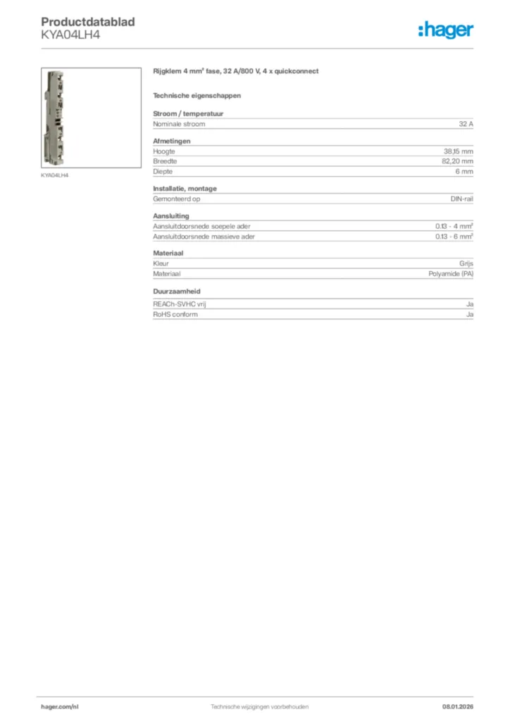 Afbeelding Hager Productdatablad KYA04LH4 | Hager Nederland
