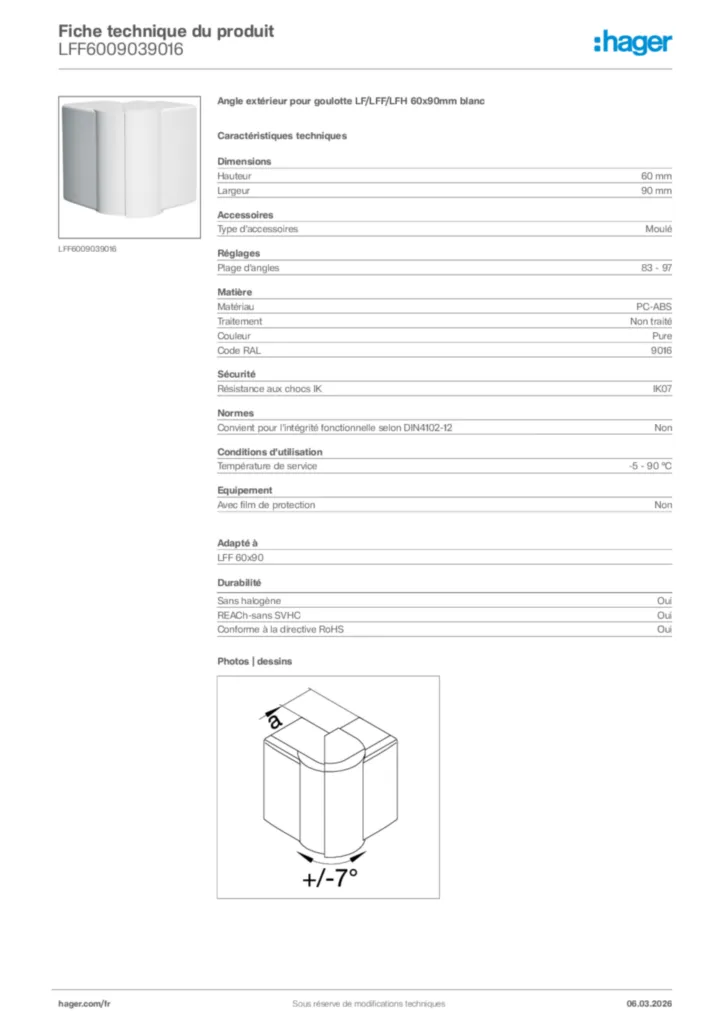 Image Hager Fiche technique du produit LFF6009039016 | Hager France