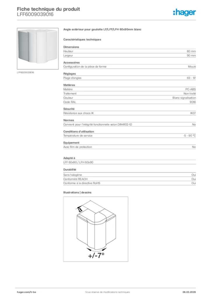 Image Hager Fiche technique du produit LFF6009039016 | Hager Belgique
