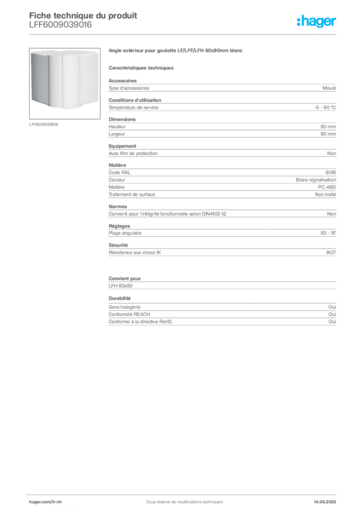 Image Hager Fiche technique du produit LFF6009039016 | Hager Suisse