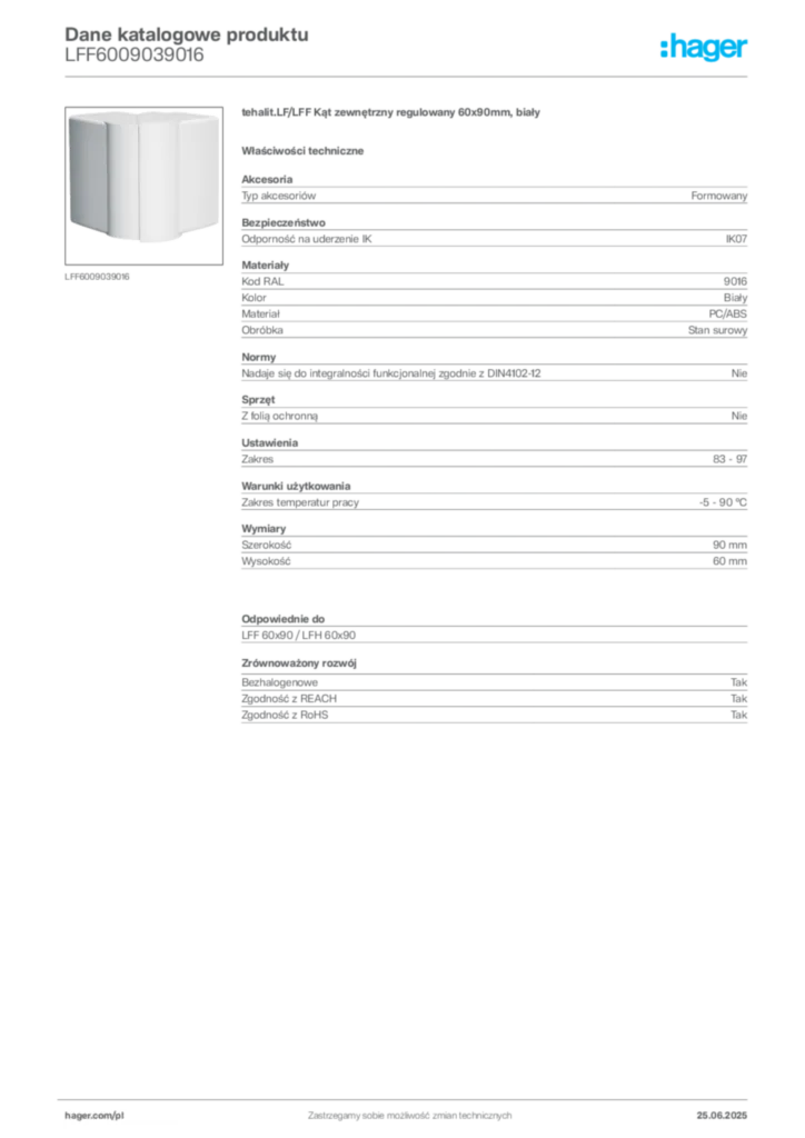 Zdjęcie Hager Karta katalogowa LFF6009039016 | Hager Polska