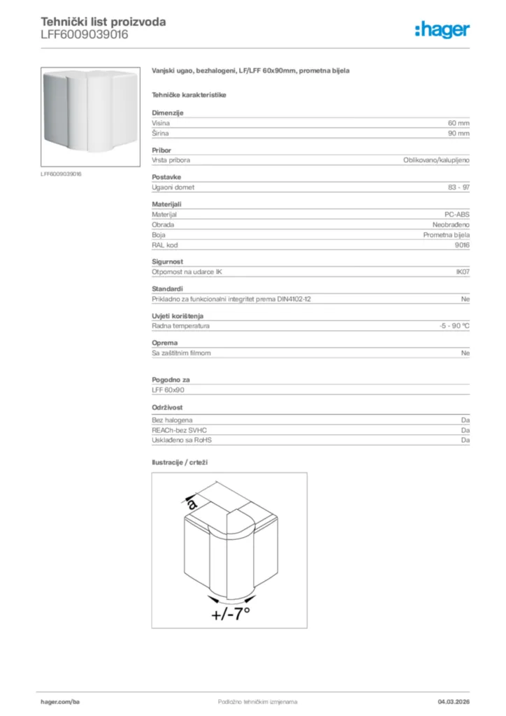 Slika Hager Tehnički list proizvoda LFF6009039016  | Hager