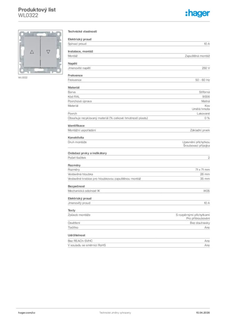 Obrázek Hager Product data sheet WL0322 | Hager