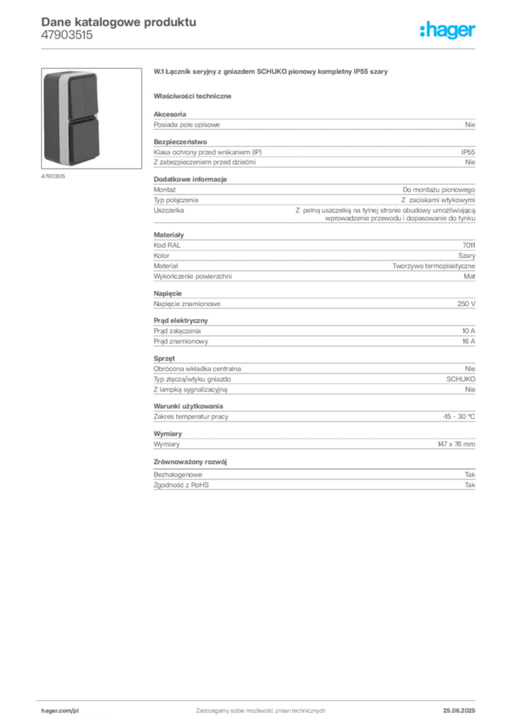 Zdjęcie Hager Karta katalogowa 47903515 | Hager Polska