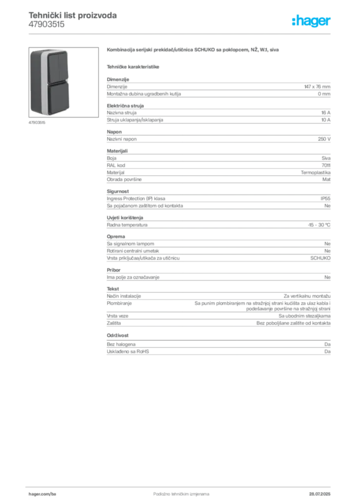 Slika Hager Product data sheet 47903515  | Hager