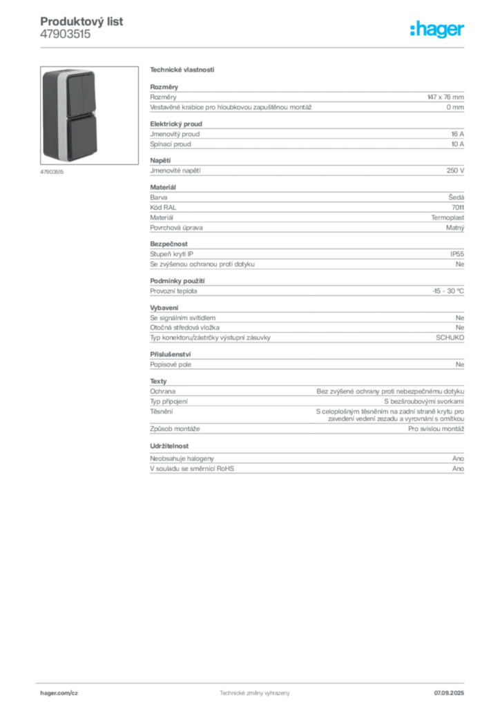 Obrázek Hager Produktový list 47903515 | Hager