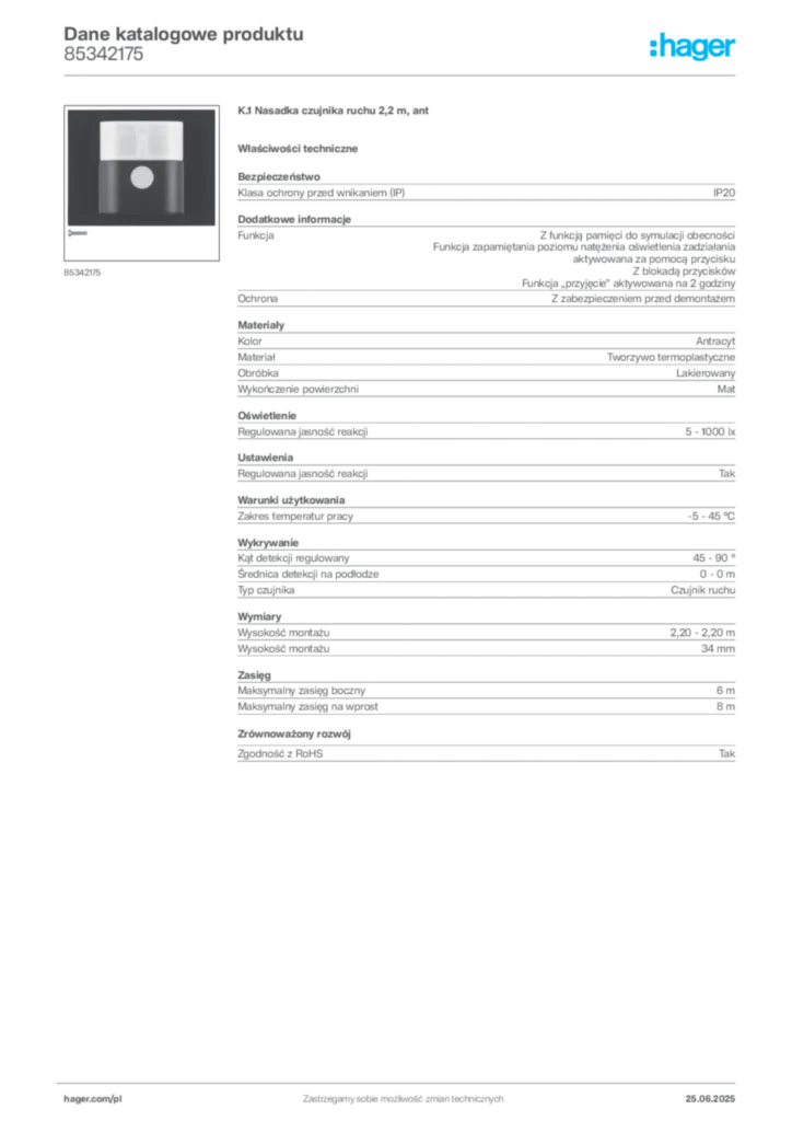 Zdjęcie Hager Karta katalogowa 85342175 | Hager Polska