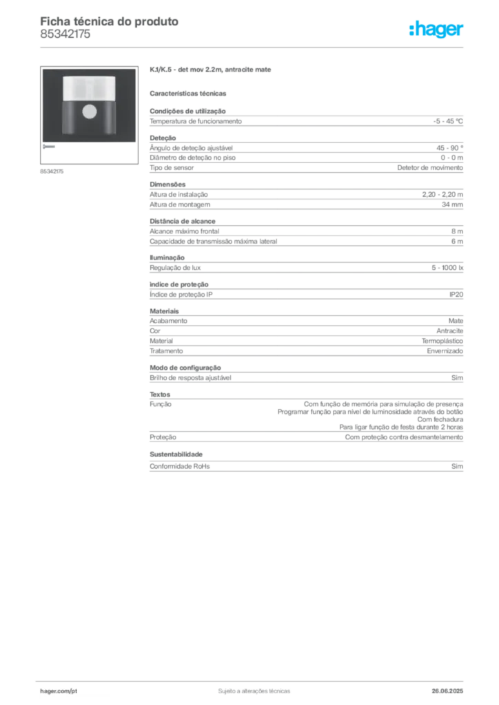 Imagem Hager Ficha técnica do produto 85342175 | Hager Portugal