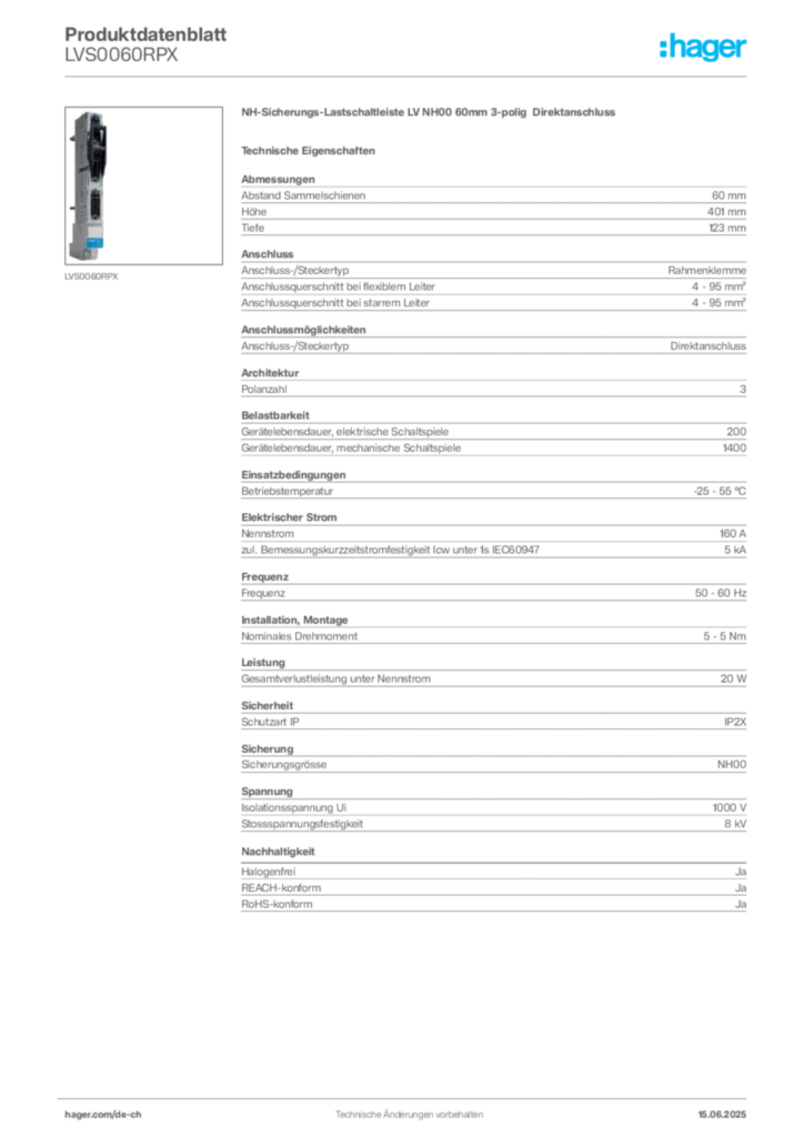 Bild Hager Produktdatenblatt LVS0060RPX | Hager Schweiz