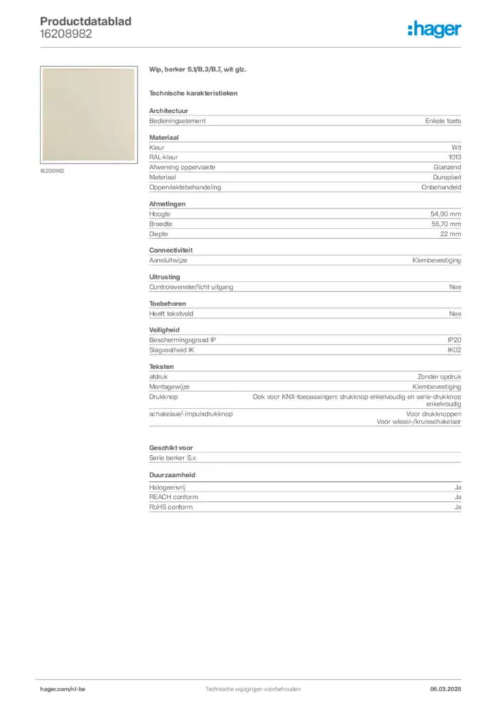 Afbeelding Hager Productdatablad 16208982 | Hager Belgium