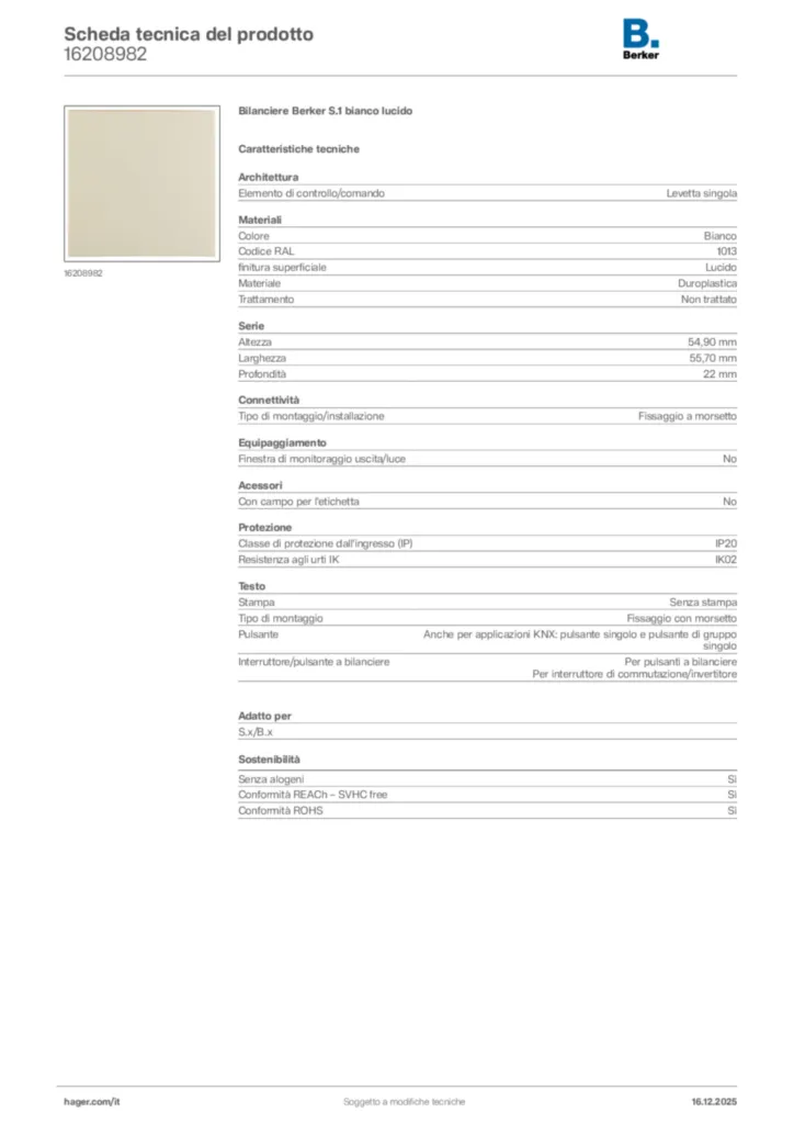 Immagine Berker Scheda tecnica del prodotto 16208982 | Hager Italia