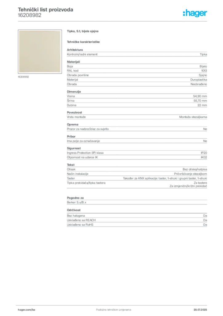 Slika Hager Product data sheet 16208982  | Hager