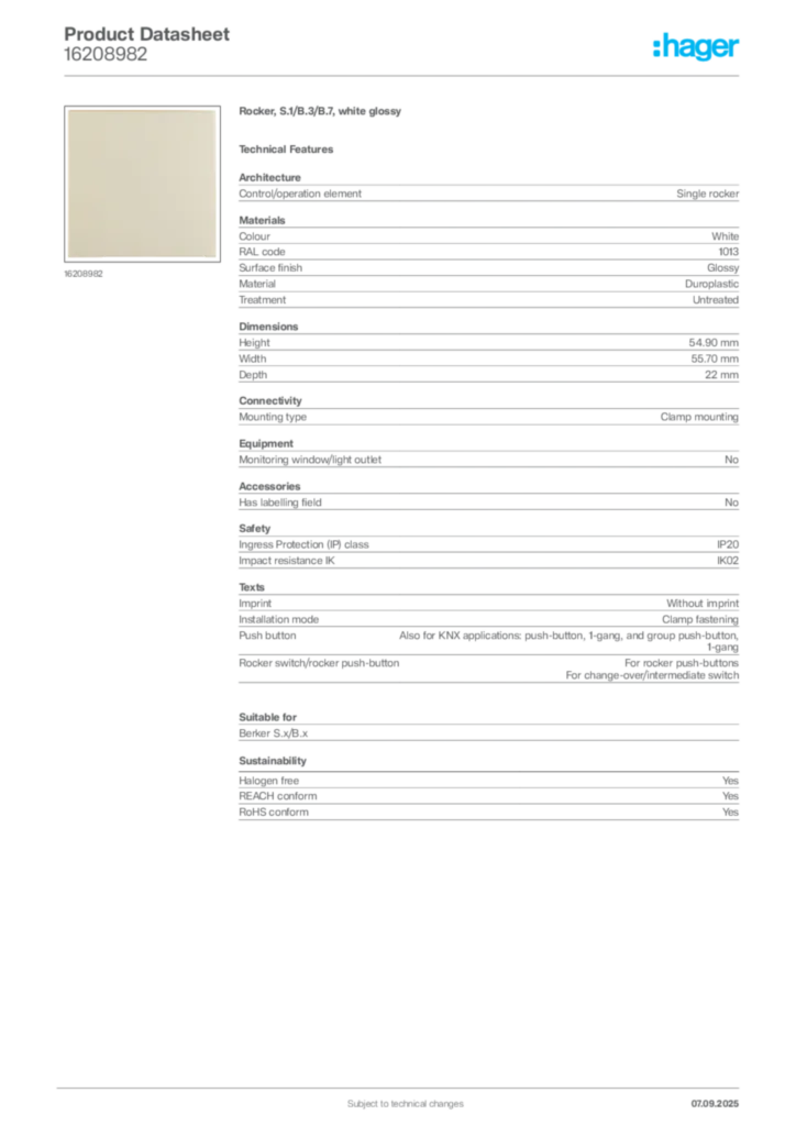 Image Hager Product data sheet 16208982  | Hager