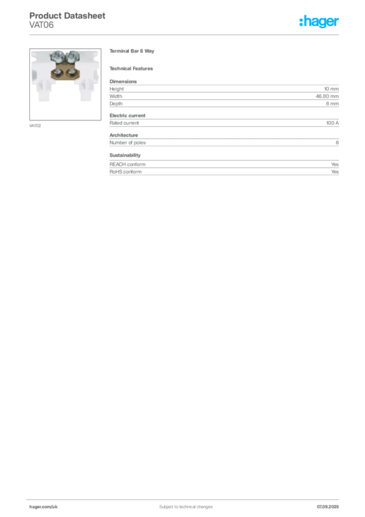 Image Hager Product data sheet VAT06  | Hager