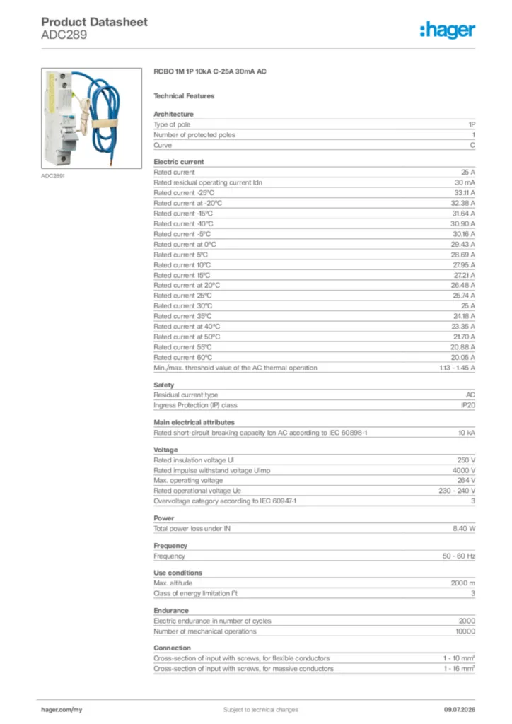 Image Hager Product data sheet ADC289  | Hager