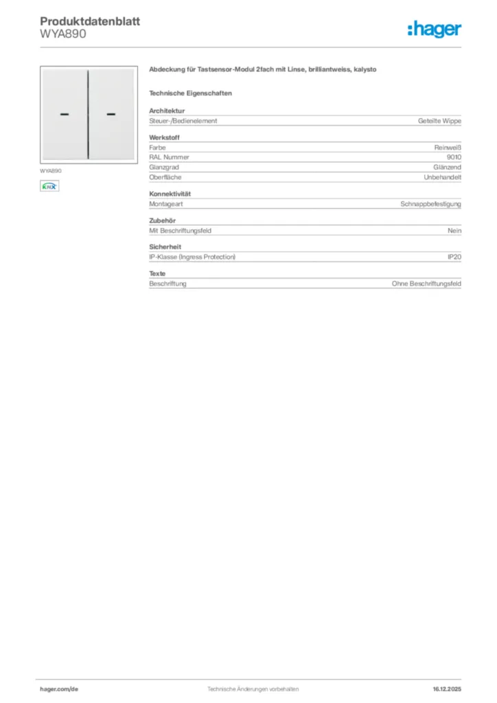 Bild Hager Produktdatenblatt WYA890 | Hager Deutschland