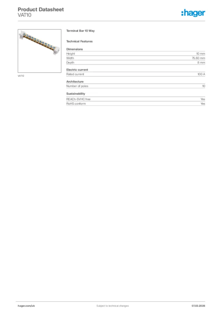Image Hager Product data sheet VAT10  | Hager