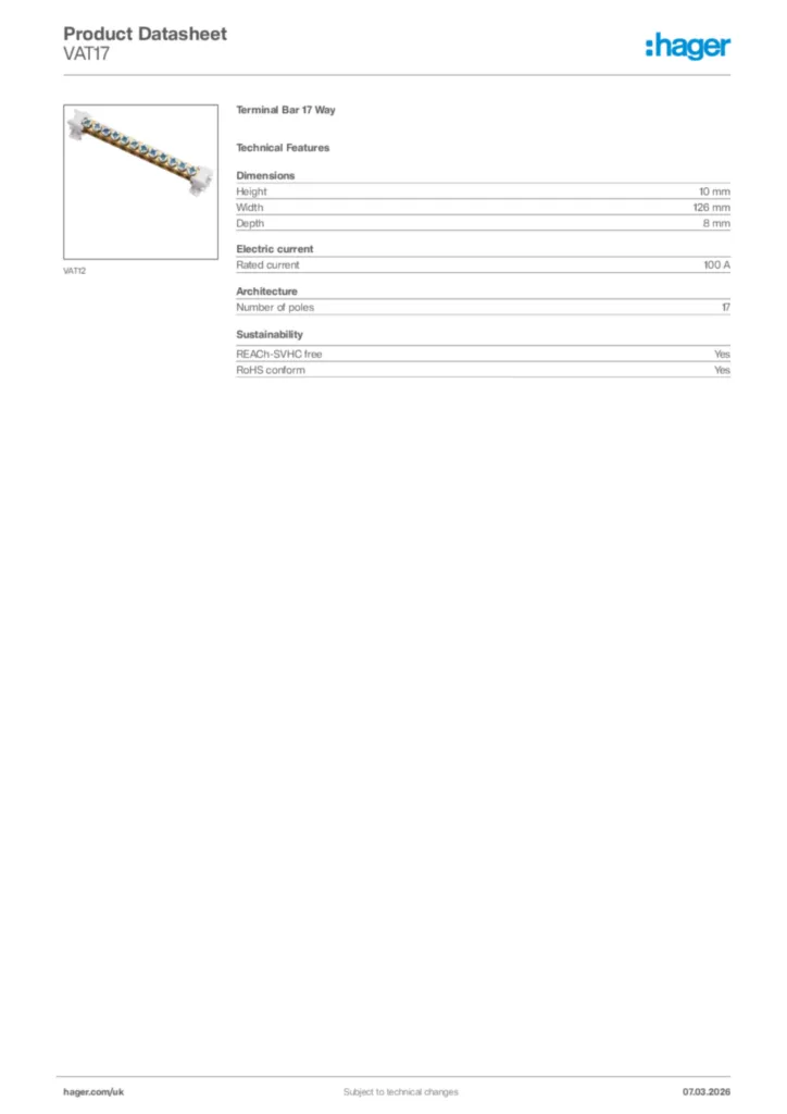 Image Hager Product data sheet VAT17  | Hager