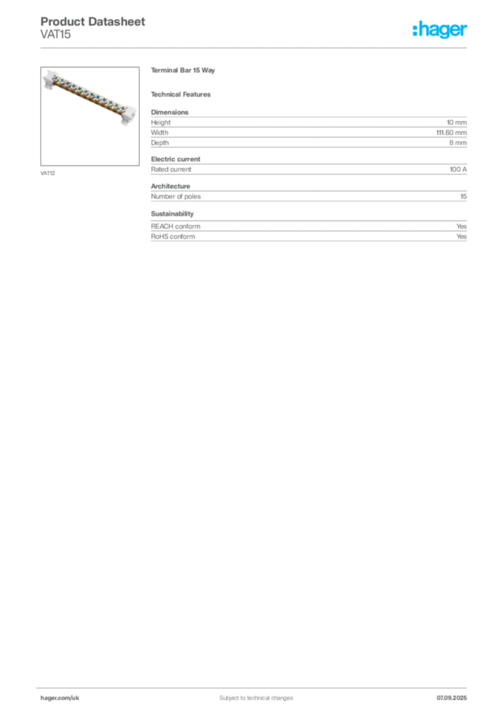 Image Hager Product data sheet VAT15  | Hager