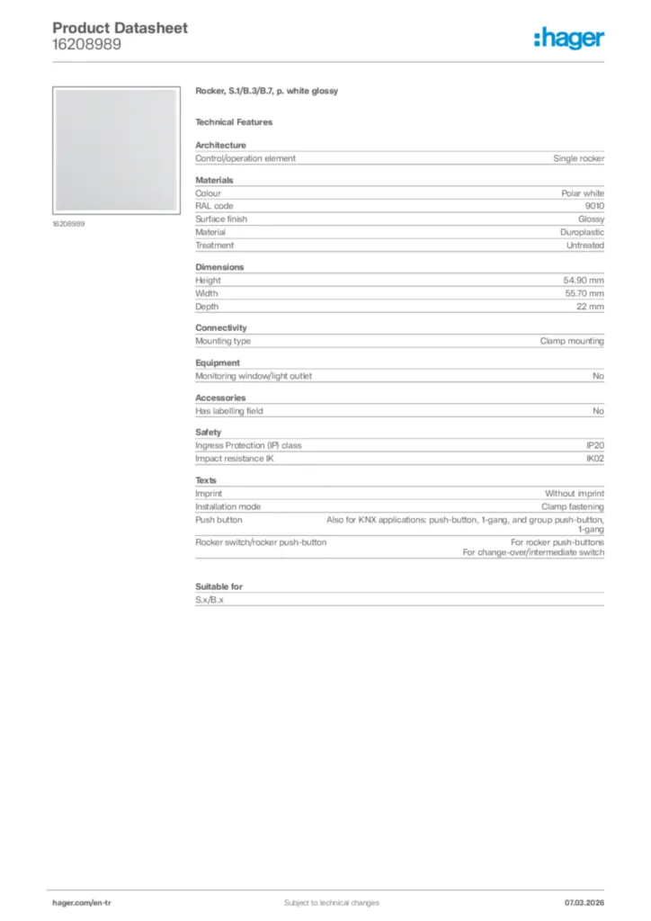 Image Hager Product data sheet 16208989  | Hager