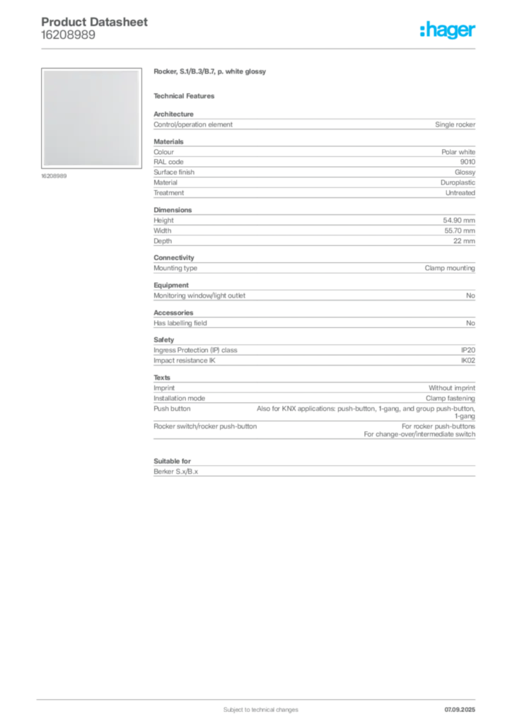 Image Hager Product data sheet 16208989  | Hager