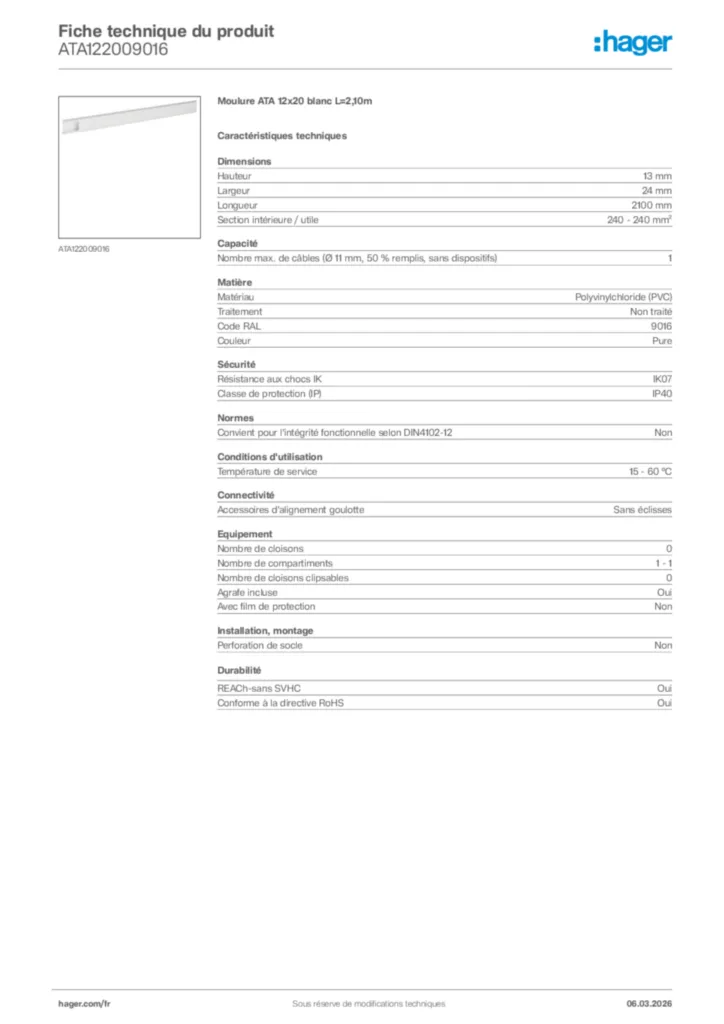 Image Hager Fiche technique du produit ATA122009016 | Hager France