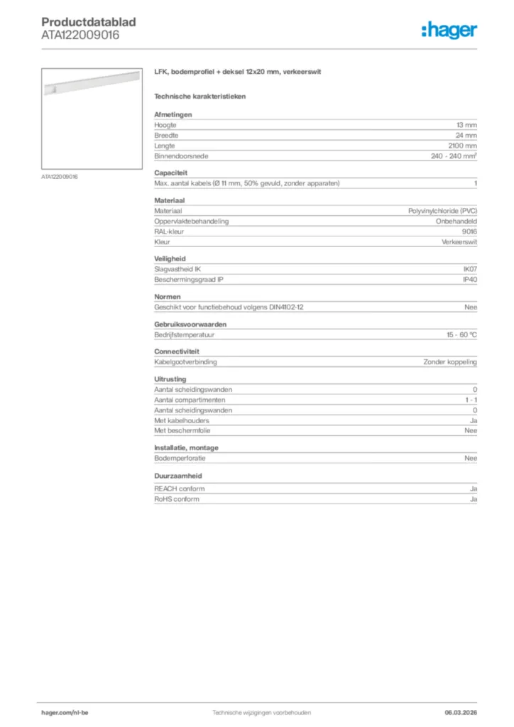 Afbeelding Hager Productdatablad ATA122009016 | Hager Belgium