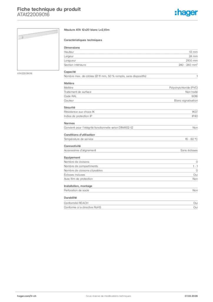 Image Hager Fiche technique du produit ATA122009016 | Hager Suisse
