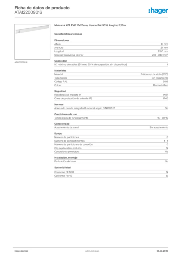 Imagen Hager Ficha de datos de producto ATA122009016 | Hager España
