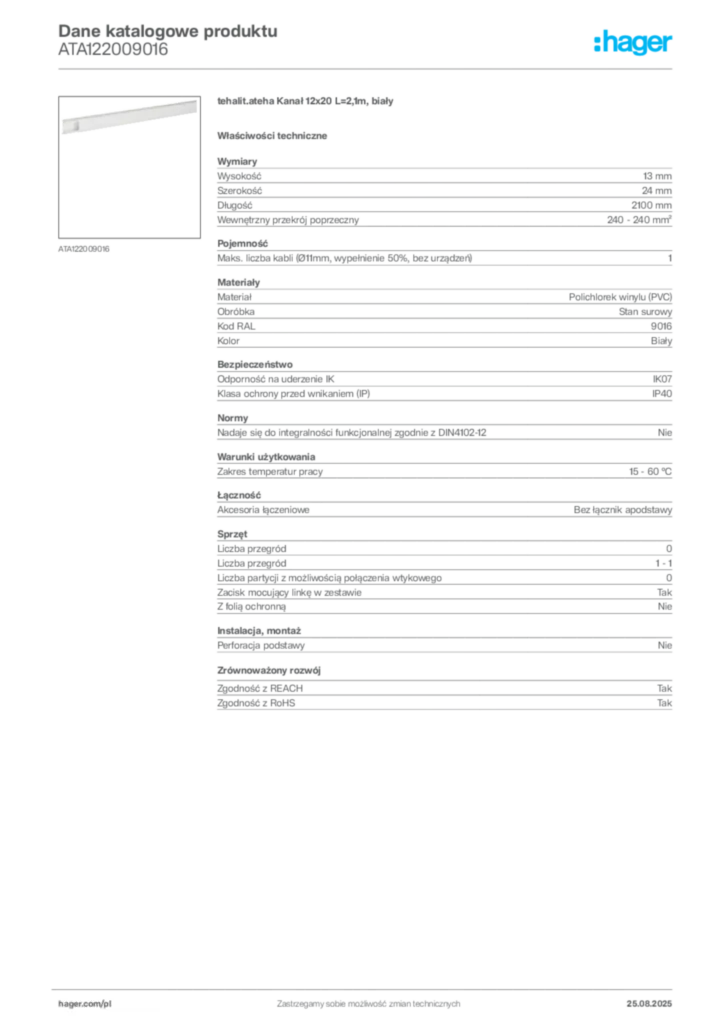 Zdjęcie Hager Karta katalogowa ATA122009016 | Hager Polska