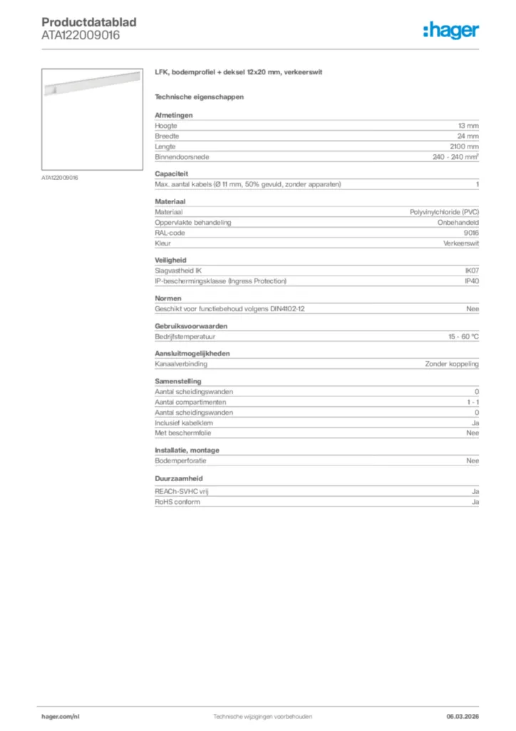 Afbeelding Hager Productdatablad ATA122009016 | Hager Nederland