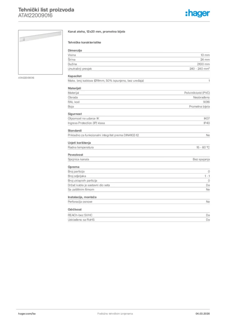 Slika Hager Tehnički list proizvoda ATA122009016  | Hager