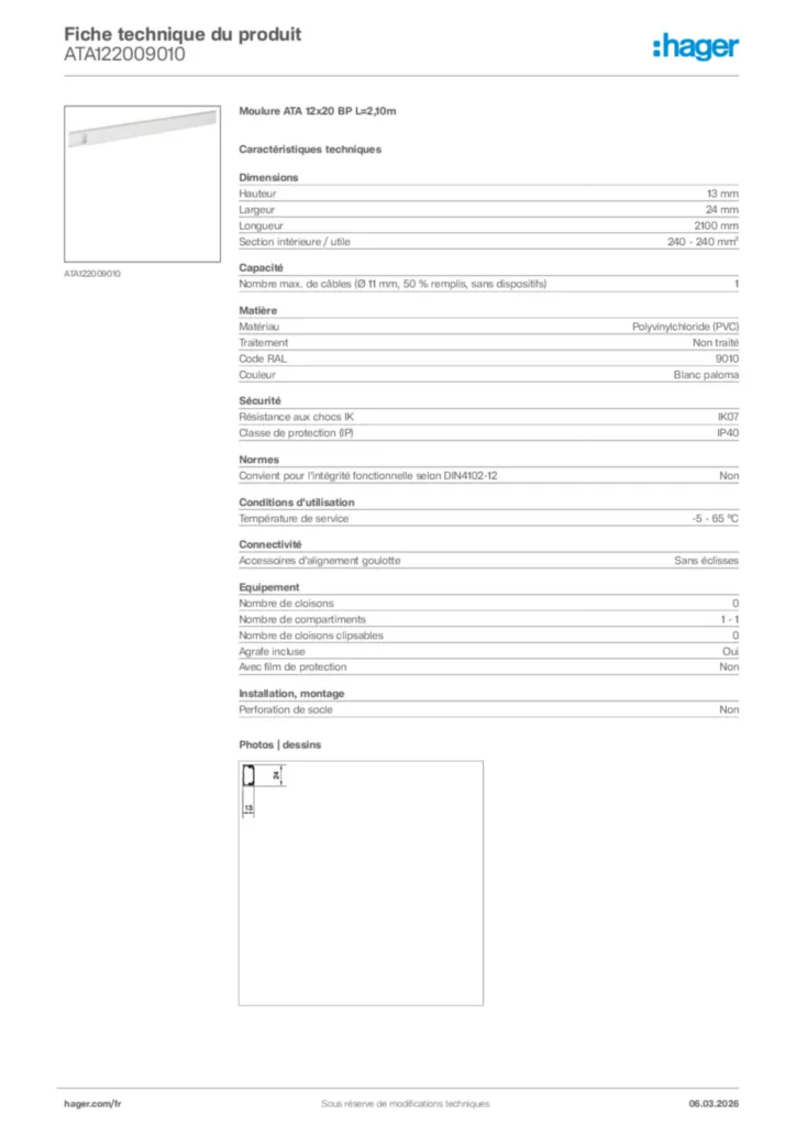 Image Hager Fiche technique du produit ATA122009010 | Hager France