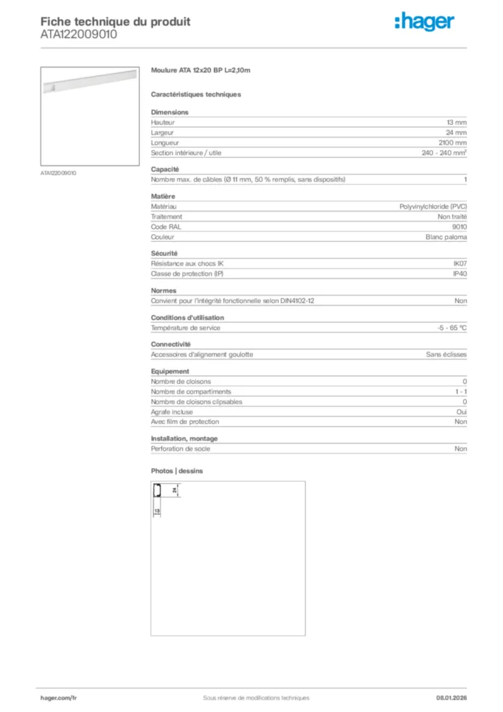 Image Hager Fiche technique du produit ATA122009010 | Hager France